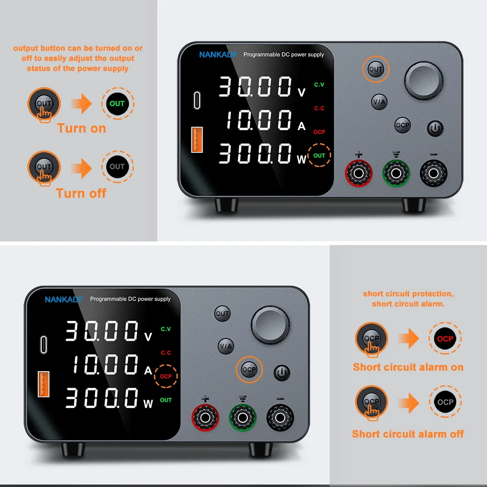 30V 10A Laboratory Power Supply with USB-A/Type-C Charging Port, DC Power Supply for 4-Digit LED Display with Encoder Controls