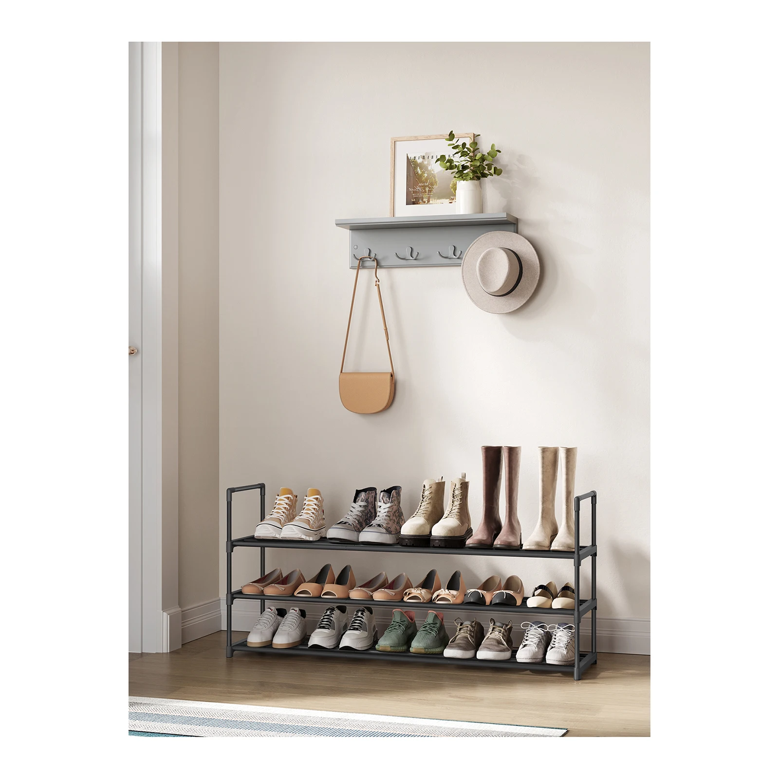 SONGMICS 3-Tier Shoe Rack. Metal Storage Organizer fits 15-18 pairs.Stackable Shelf for Hallway,Living Room,Bedroom.116x30x55cm