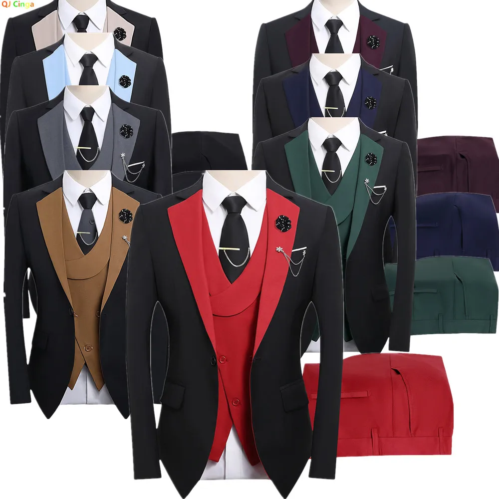 

Новое осеннее поступление, мужской костюм-тройка: красный и черный лоскутный пиджак с жилетом и брюками, ансамбль для свадебной вечеринки.