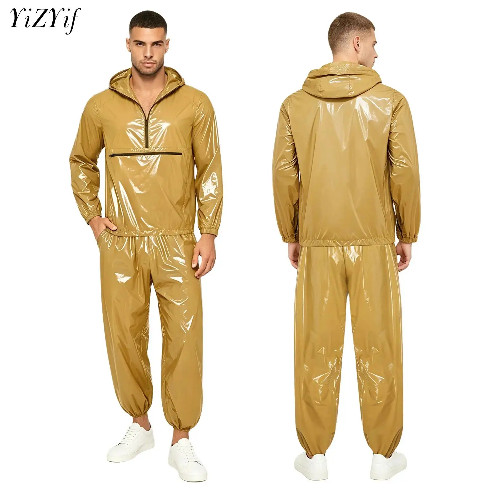 

Mens Waterproof Tracksuit Sauna Sweat Outfit Zipper Pocket Hoodie Sweatshirt And Jogging Pants Rainwear Gym Fitness Sportswear
