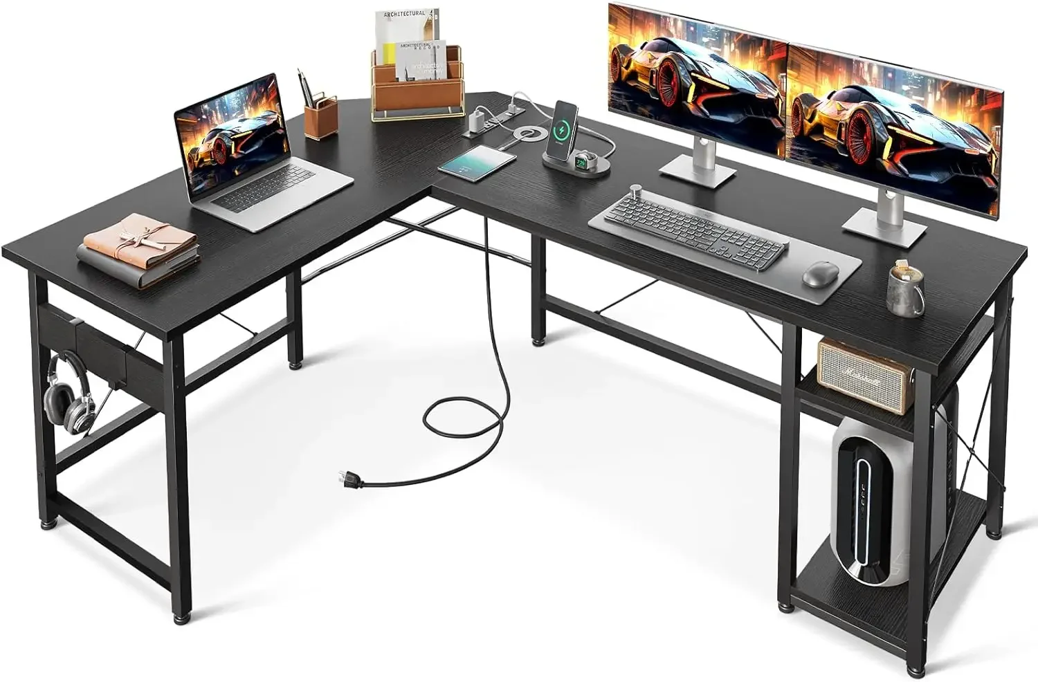 L Shaped Computer Desk com Power Outlet, Workstation Canto, 59 em
