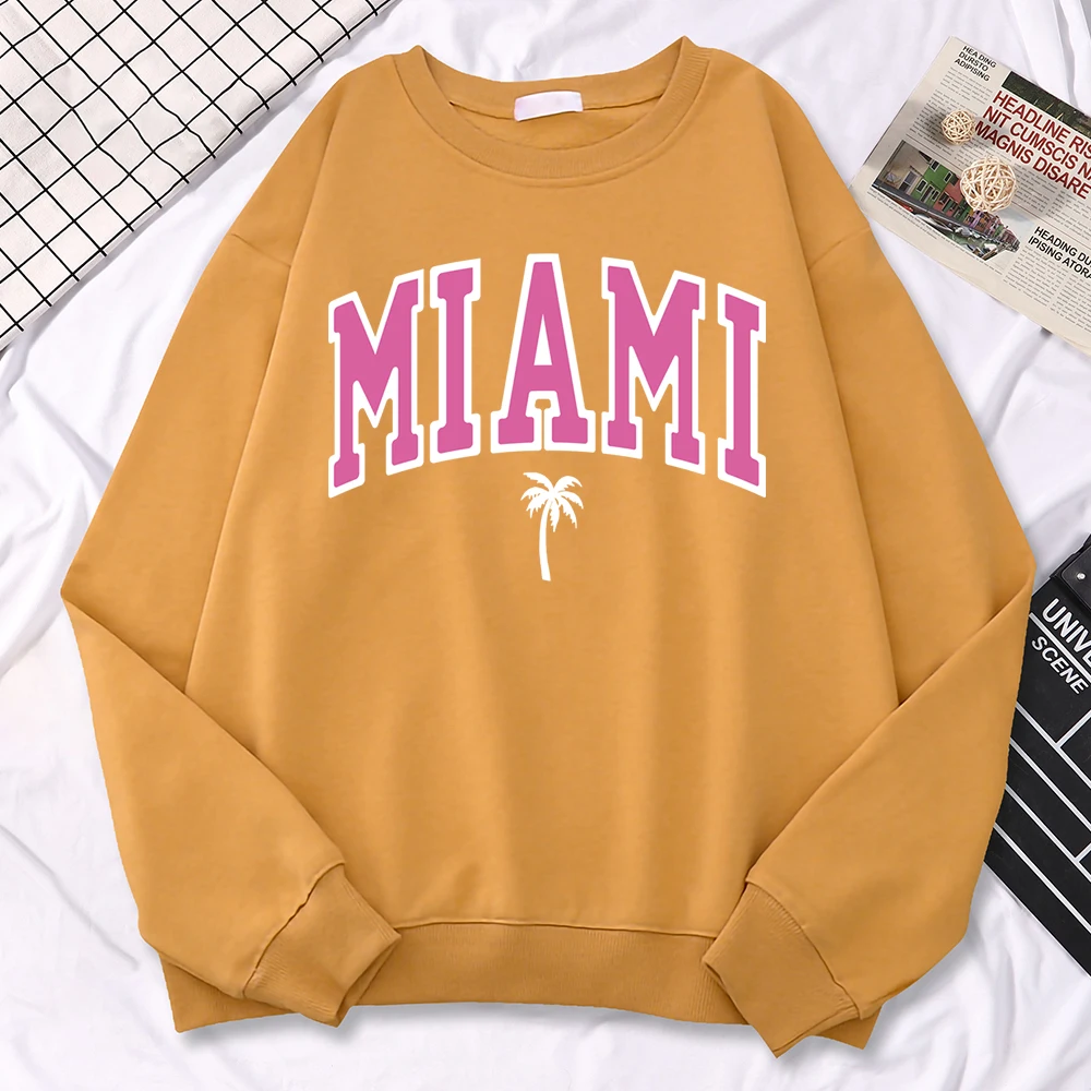 Autumn Casual Sweatshirts For Women Miami Beach Printing Hoodies Comfortable Fleece Pullovers Crewneck Loose Female Sportswear