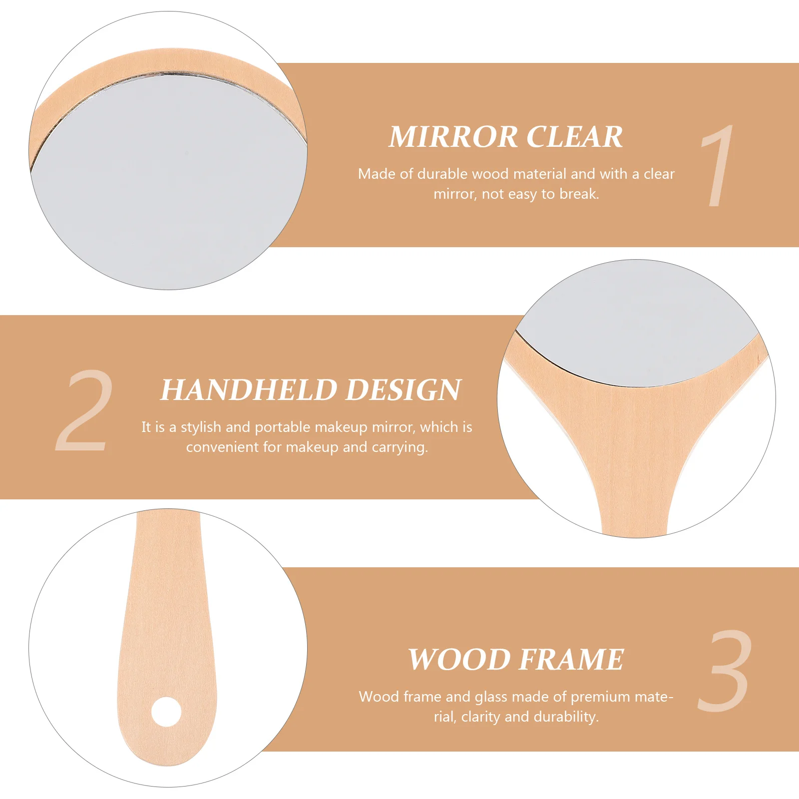 

Round Handheld Wooden Mirror Stylish Practical Makeup Mirror with Handle Durable Long Life Beauty Accessory for Women