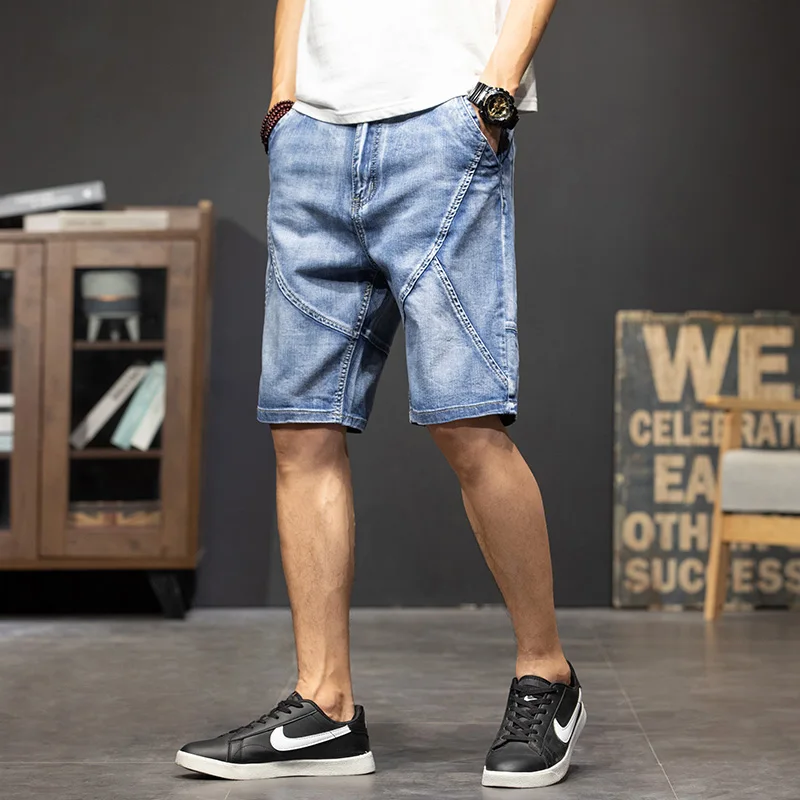 men's summer thin denim shorts Light blue color block loose shorts and jeans for men Large size 28-44