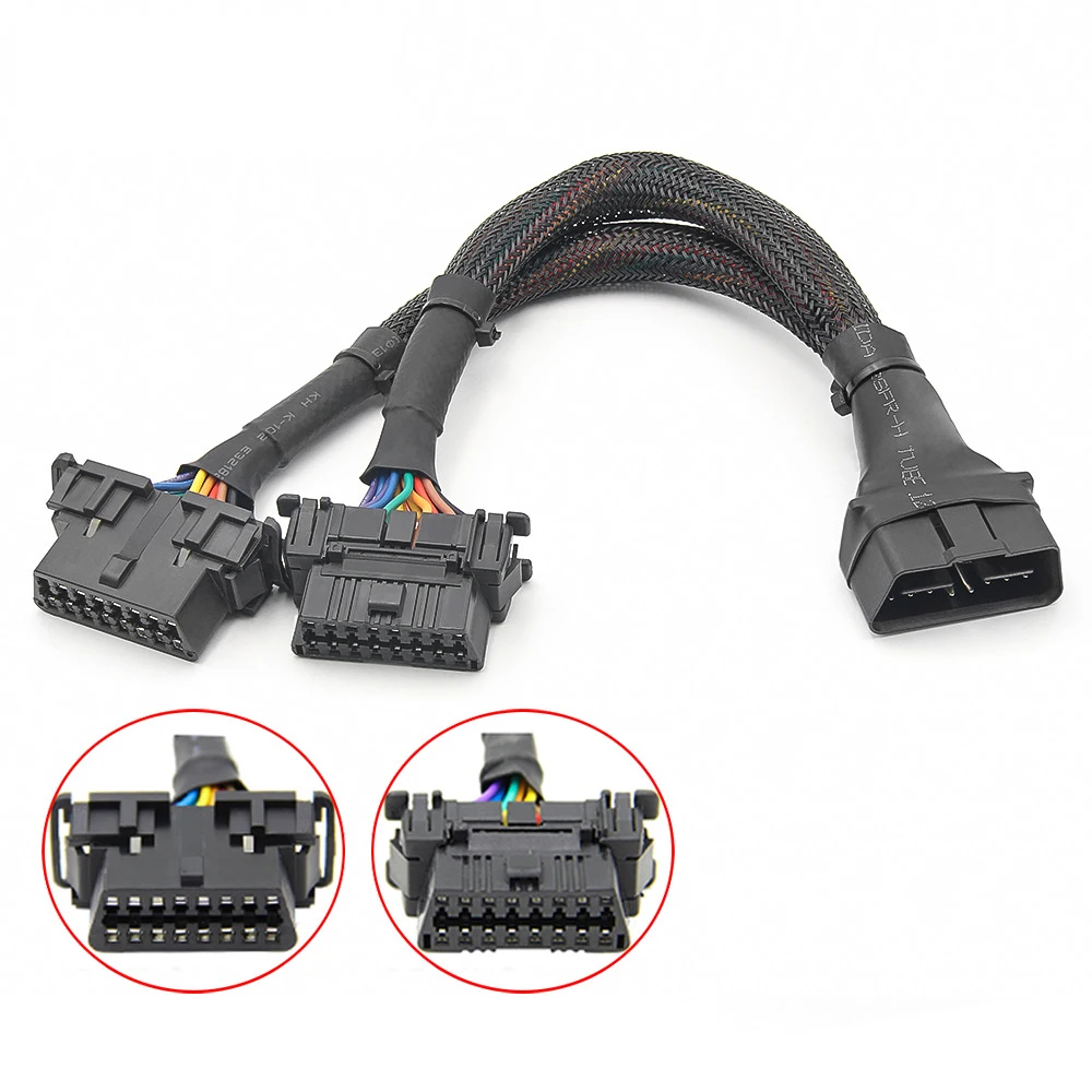 

OBD2 Male to Dual Female Elbow Extension Cable 30CM 1 IN 2 Converted Cable OBD 2 Flat Extension Cable Adapter 16Pin Connector