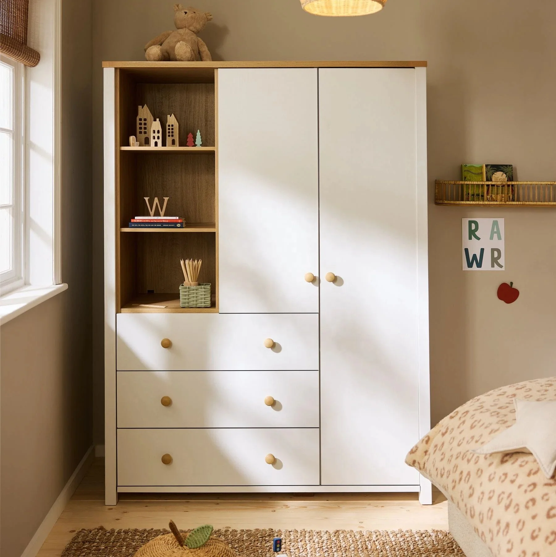 European Style Wardrobe, 3-Door with Adjustable Open Shelf, Flat Design Melamine Board, Storage Closet for Kids Room