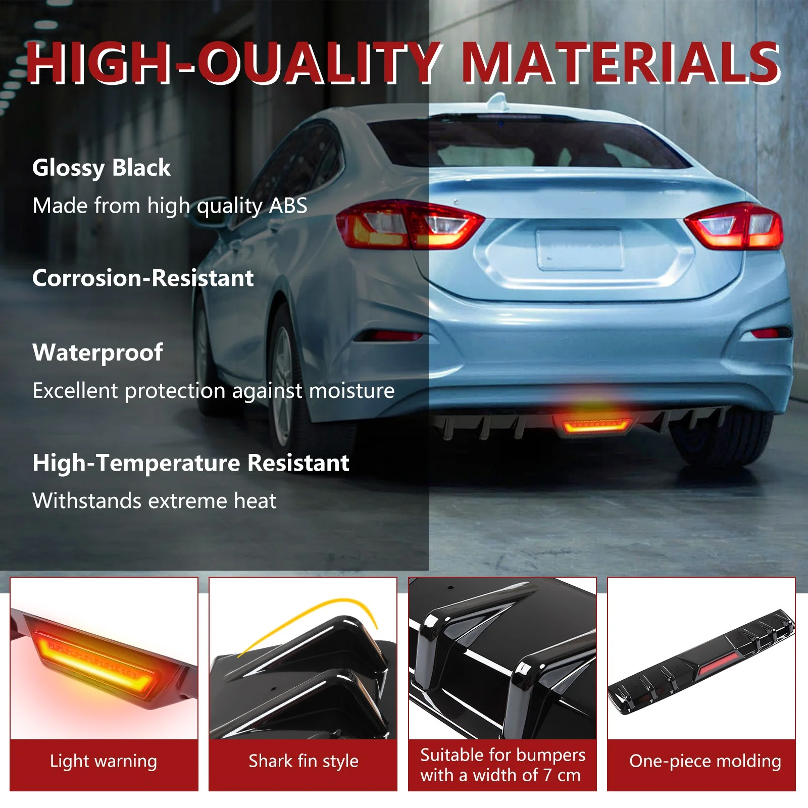 For Ford Focus Glossy Black Rear Bumper Diffuser Splitter Fin w/ LED Brake Light