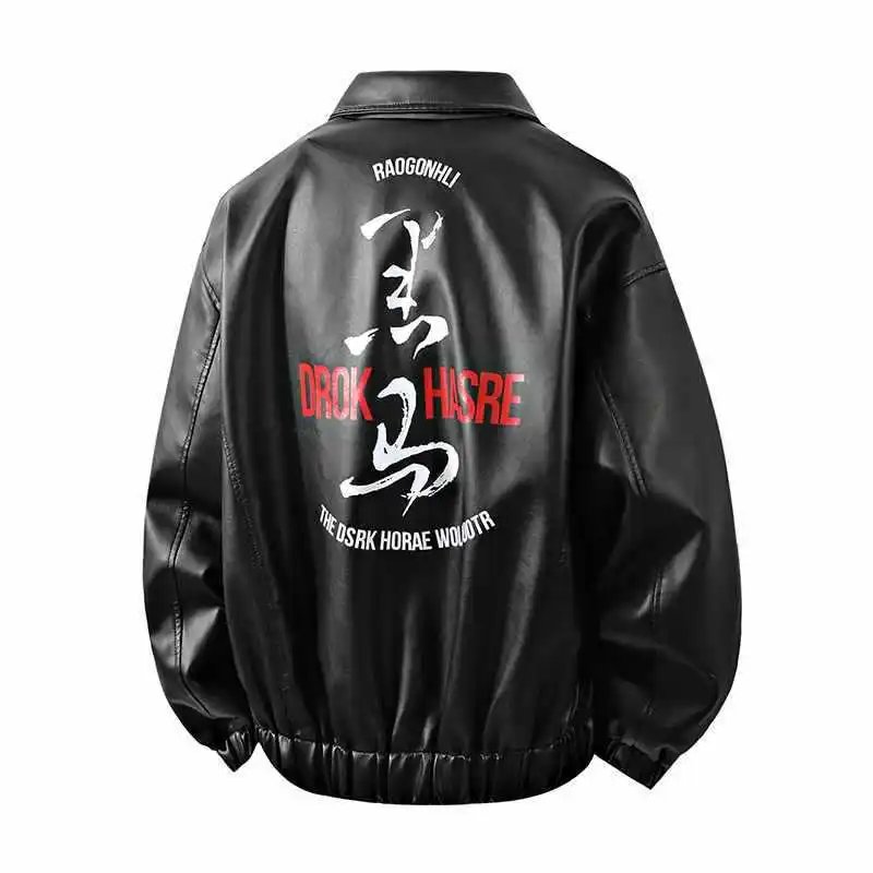 

Autumn Man Coat Streetwear Letter Printed Motorcycle Punk Male Leather Jacket Turn Down Collar Long Sleeve Men Outerwear