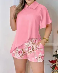 Fashion Short Sleeve Pink Print Tops And Short Two Piece Set Women 2023 Summer Casual Floral Short Sets Outfits For Women