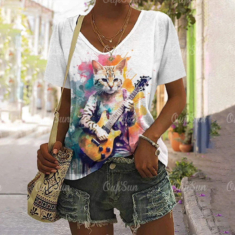 

Women Short Sleeves V-Neck T-Shirts Rock Cat Printing Casual Pullover Sleeves Oversized Tee Shirt Female Fashion Clothing 2024