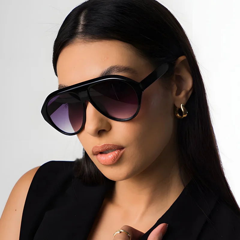 Retro Große PC-Rahmen-Sonnenbrille für Damen, runde Piloten-Sonnenbrille in Schwarz mit Farbverlauf, coole Herren-Sonnenbrille, einteilige Designer-Sonnenbrille – Detail 9