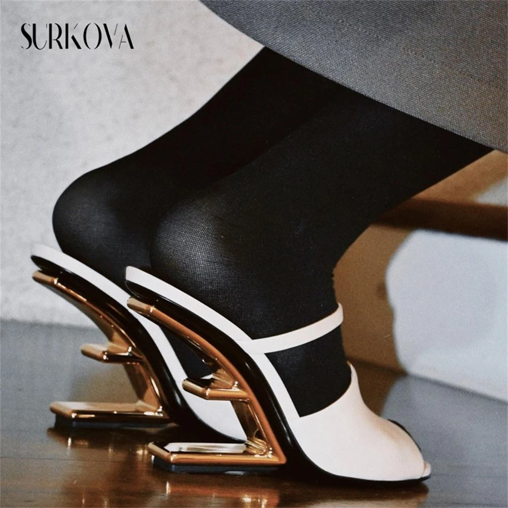 Hollow Shaped Heel Fashion Open Toe Sandals Fur Narrow Band High-Heeled Outdoor Runway Slippers Luxury Solid Color Women's Shoes