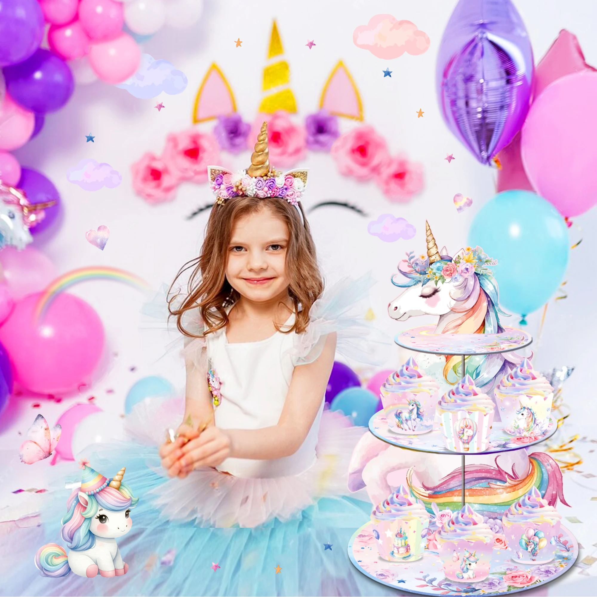 Einhorn Einweggeschirr Teller Servietten Tischdecke Cupcake-Ständer für Geburtstagsdekoration Partyzubehör – Detail 11