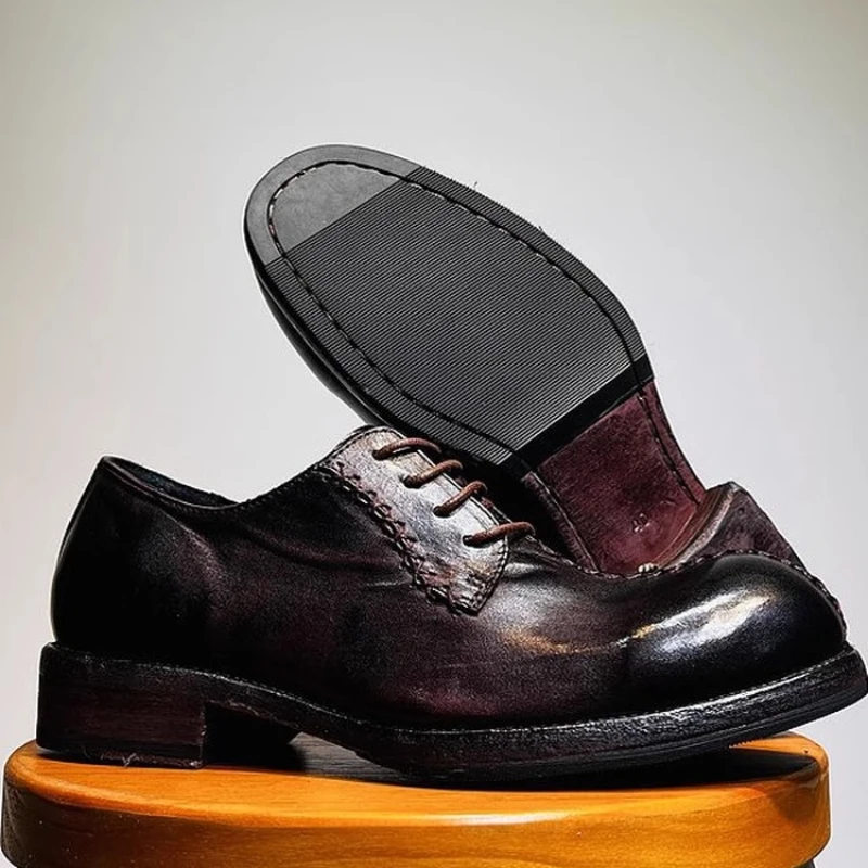 

England Style Horse Leatherr Hand Sewn Casual Derby Shoes for Men's Retro Thick Soled Dress Shoes Outdoor Walking Low-top Shoes