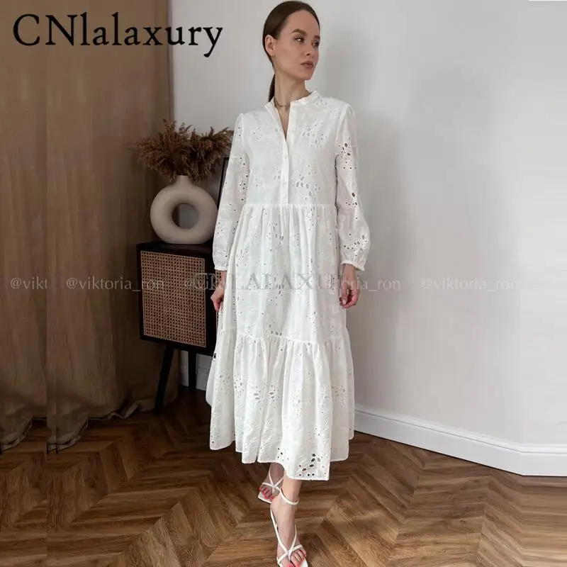 CNlalaxury 2023 Women White Embroidery Long Dress Fashion Elegant Party Vestido Vintage Long Sleeve Hollow Out Female Dresses