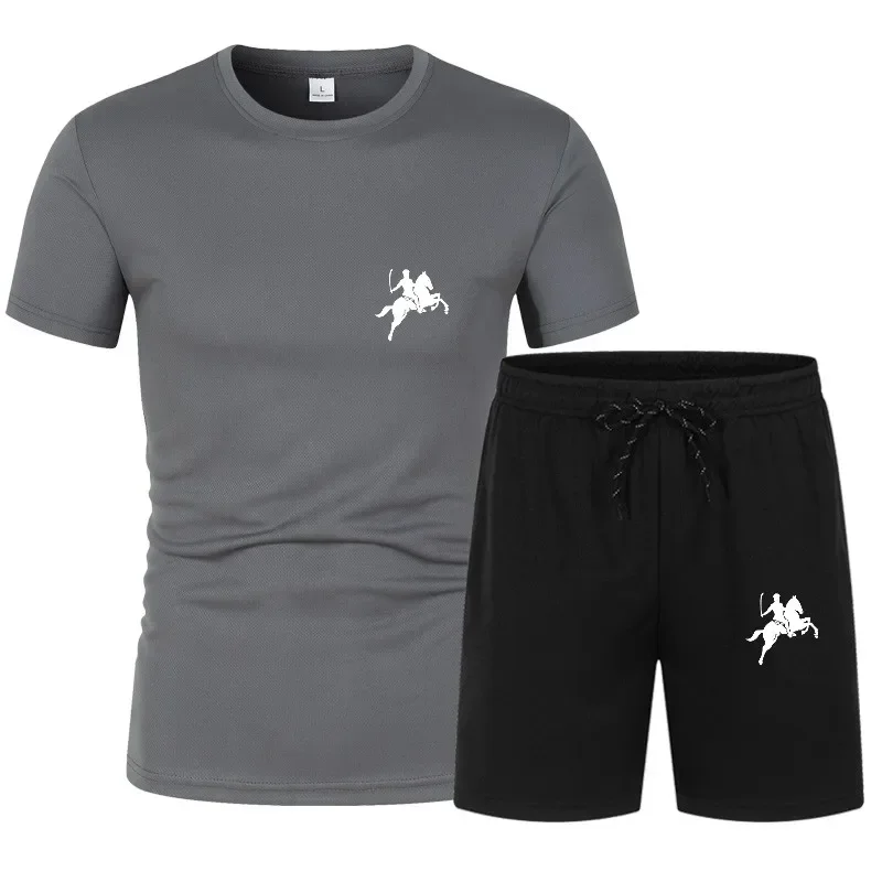 

New fashionable high-quality men's short sleeved T-shirt+shorts two-piece jogging casual sportswear breathable knight element