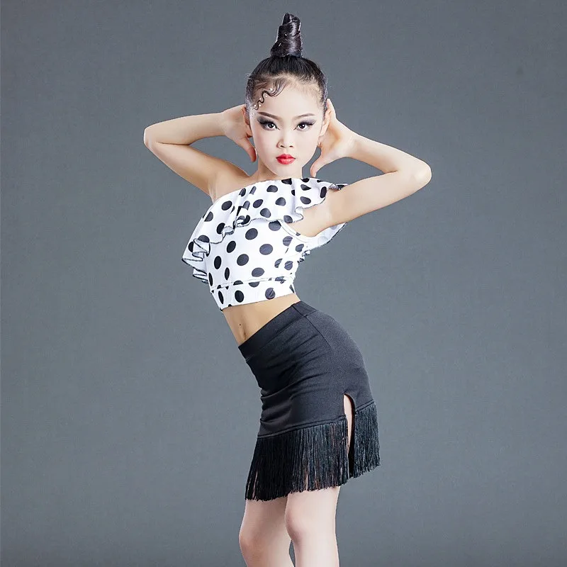 Nuevo Conjunto de Falda con Flecos para Baile Latino de Verano para Niñas, Traje de Práctica de Un Solo Hombro para Niñas, Accesorios de Actuación, Atuendo de Competición