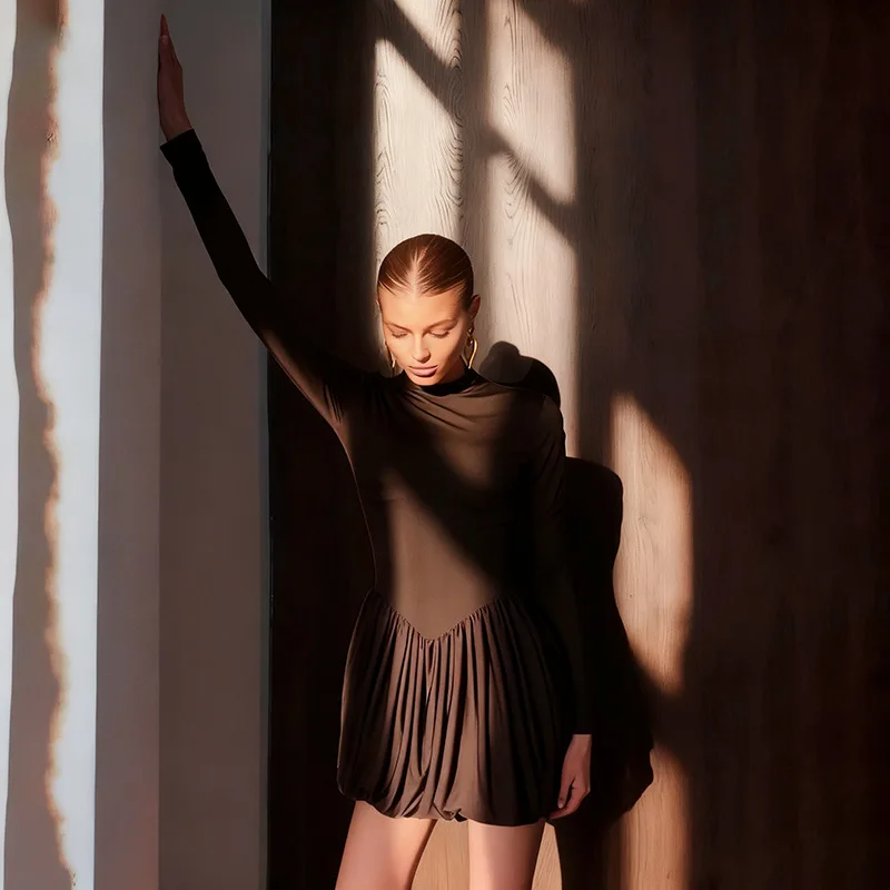 Tornova elegante plissado mini vestido feminino volta oco abotoado vestido de cintura alta manga longa moda feminina vestido de festa de deslocamento