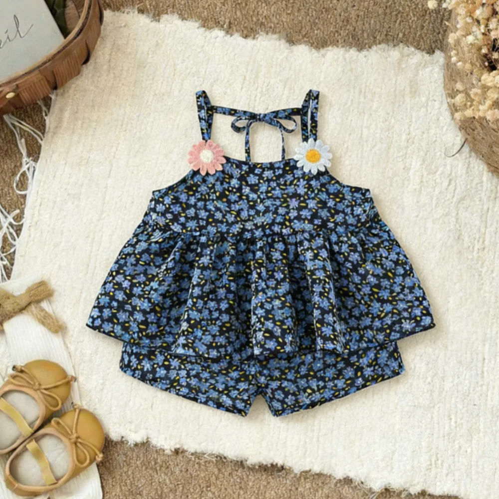 Girls' Set Summer Flower Cute Top Shorts Girls' Clothing Sweet Beach Baby Set Baby Girl Clothes ﻿