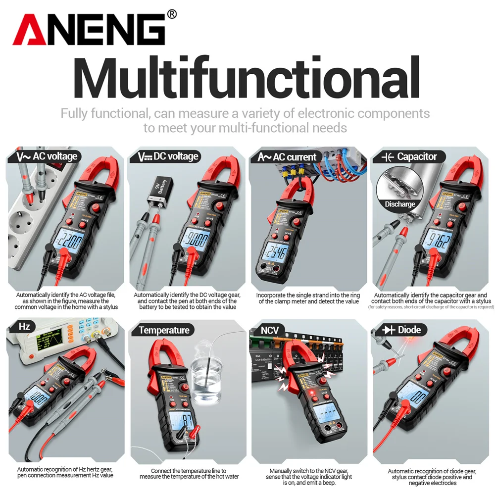 ANENG ST184 Digital Clamp Multimeter Meter AC/DC Voltage Current Tester Hz Capacitance Ohm Temperature True RMS 6000 Counts Test