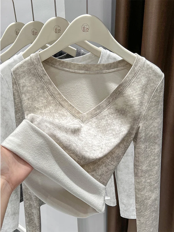 Damska długa bluzka z dekoltem w serek, imitacja futra, barwiona, bazowa bluzka, jesienno-zimowa odzież wewnętrzna i zewnętrzna, ciepła, dopasowana, w stylu koreańskim.