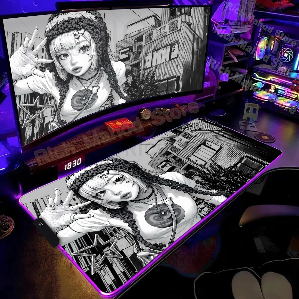 

Игровой коврик для мыши RGB, черно-белый, с изображением аниме-девушки, настольный декор, большой коврик для геймеров с LED-подсветкой, XXL, для киберспорта, аксессуары для ПК, коврик