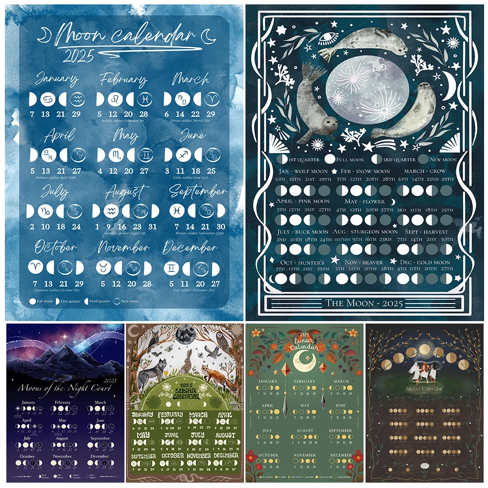 2025 Lunar Phase Calendar, Moon Magic Wall Art Canvas Painting,Moon Phases Witchcraft Art Poster And Print Home Decor Unframed