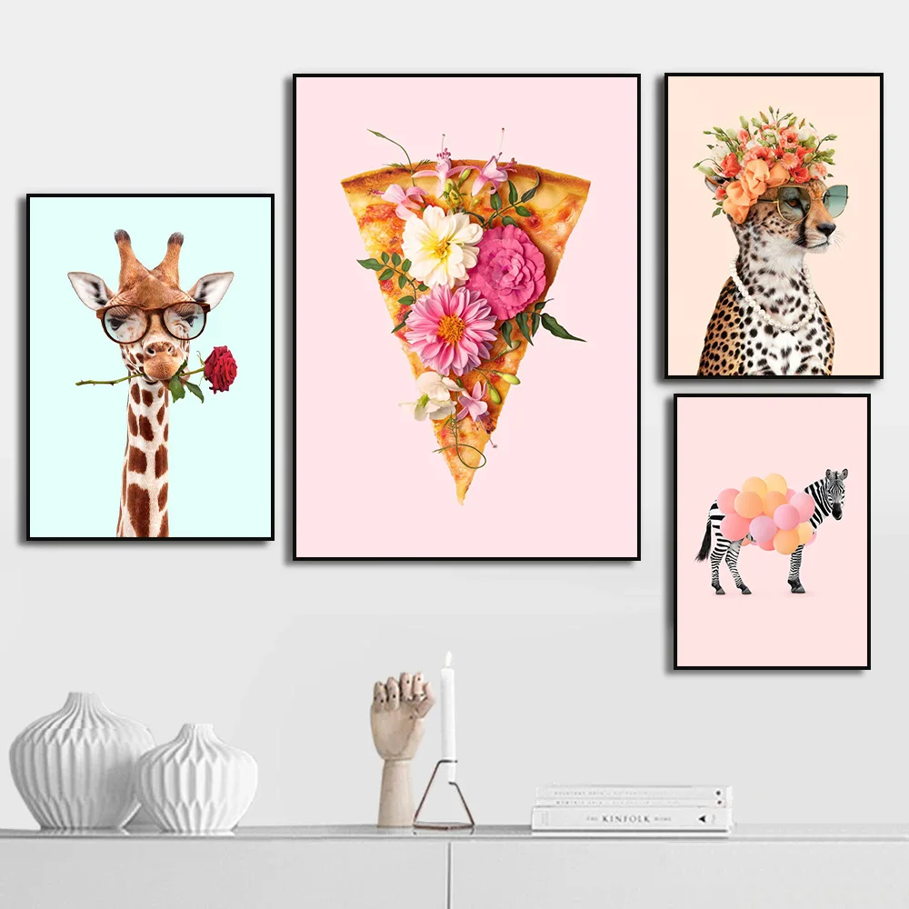 Funny Animal Flower Giraffe Leopard Zebra Pink Lollipop Lion Pizza Canvas Painting Poster and Print Wall Art for Room Home Decor