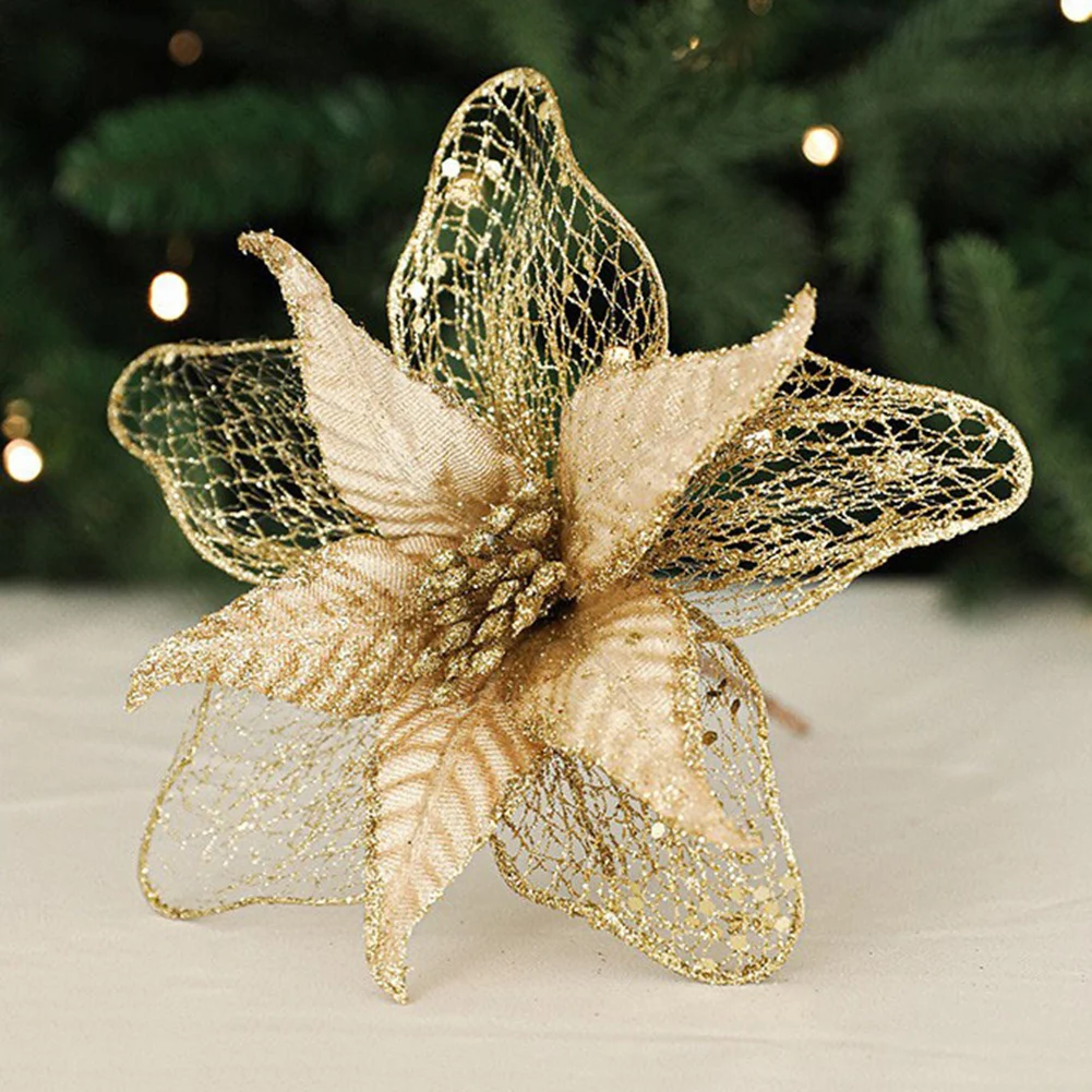 Make Your Christmas Tree Stand Out With Christmas Poinsettia Glitter Flower Hanging Xmas Party Tree Decoration Gifts ﻿