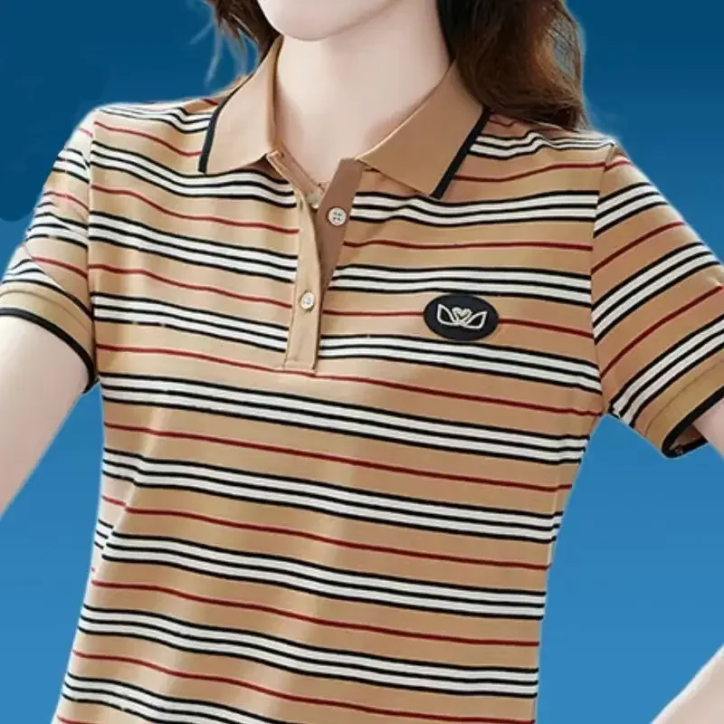 2023 New Turn-down Polo Collar Striped Short Sleeve T-shirt Women\'s Summer Loose Patchwork Embroidery Button Fashion Tops