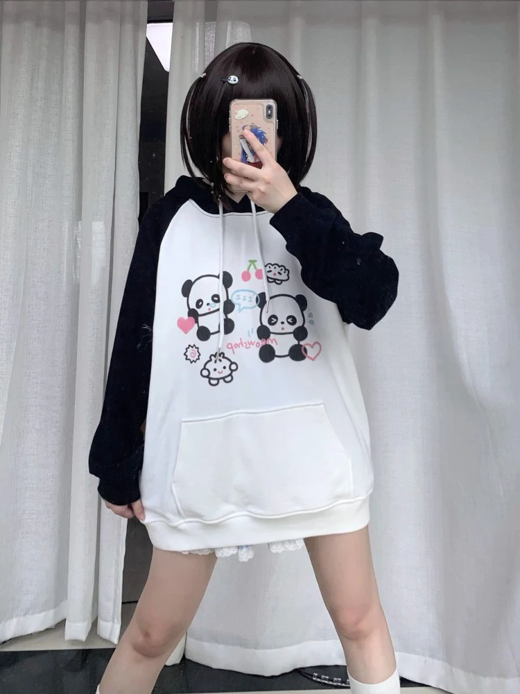 ADAgirl Kawaii Panda Print Hoodies Women Anime Long Sleeve Sweatshirt Female China Style Oversized Streetwear Cutecore Clothes