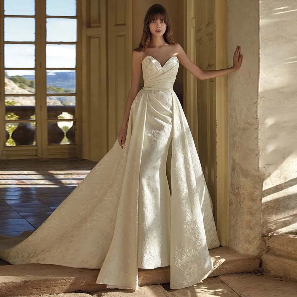 Boho Bohemian Gown White Lvory Satin Pleat Mermaid Sweetheart Floor Length Dresses Gowns for Women 2024 Bride