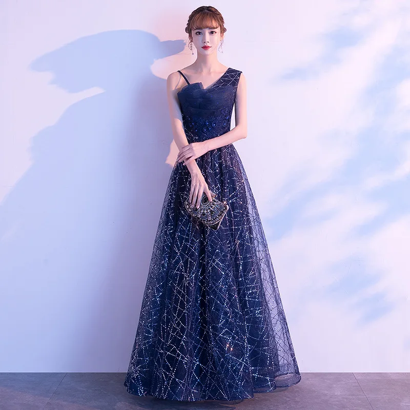 イブニングドレス女性のための新しいスタイル 2025 エレガントな星空グラデーションホステスパフォーマンス高貴な女性のドレスブルー夏