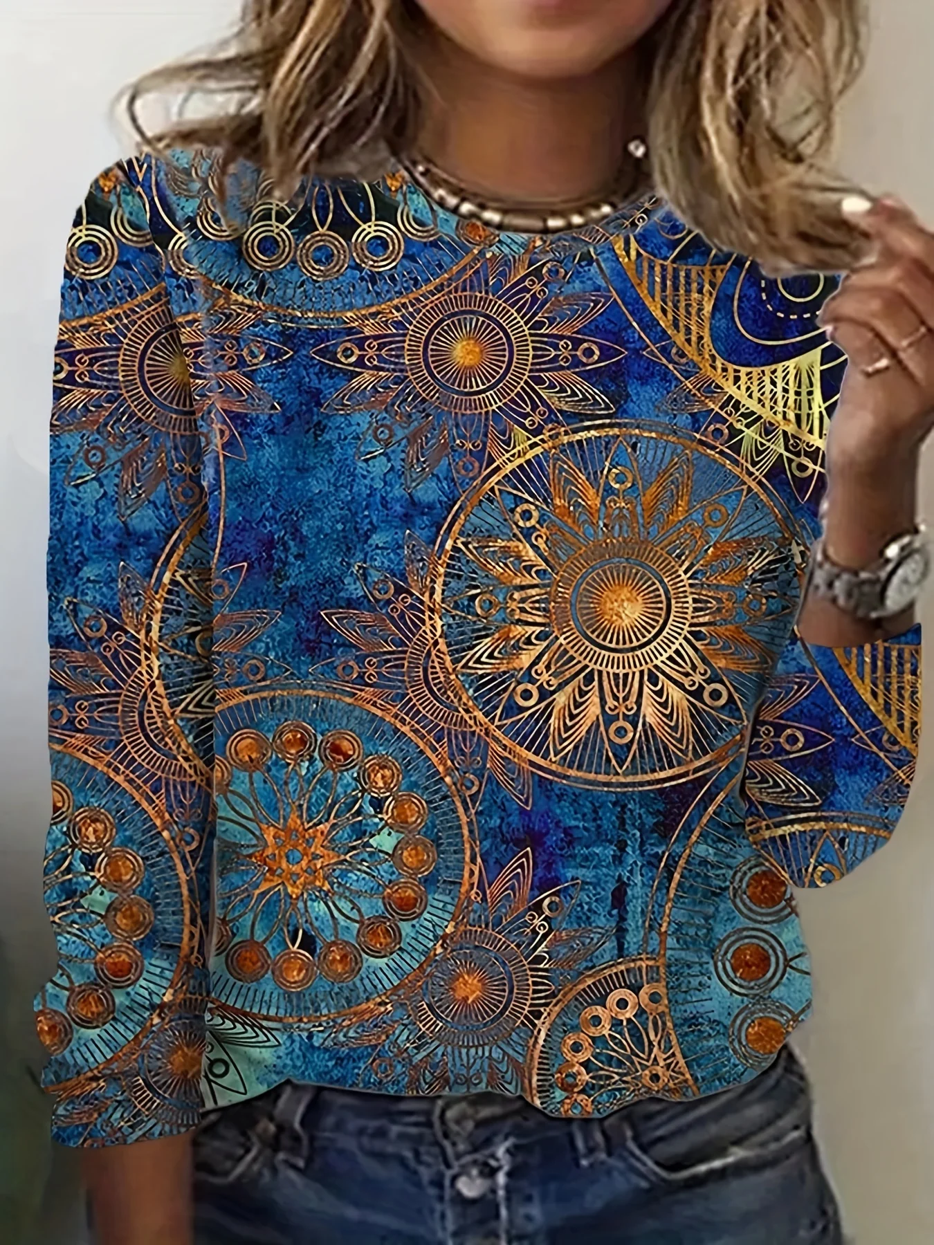 Women Bohemian Mandala Sun Pattern 3/4 Sleeve Top Crew Neck Casual Loose Daily Blouse Shirt