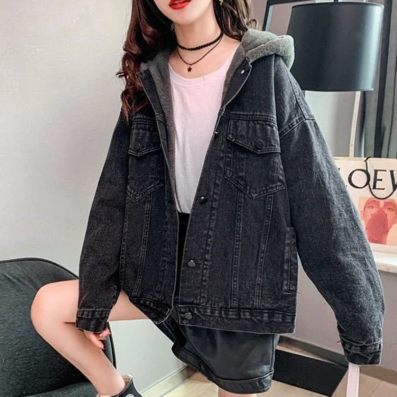 Women with Fur Plush Patchwork Hooded Print Graphic Woman Jean Coat Winter 2025 Cold Trend Warm Outerwear Black Denim Jacket