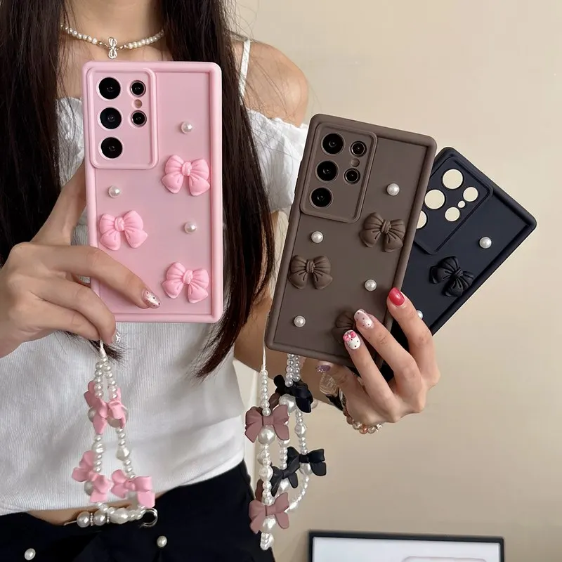 ربطة القوس فيونكة اللؤلؤ سلسلة حبل قضية الهاتف لسامسونج غالاكسي S25 حافة S24 FE S23 S22 S21 FE S20 S25 FE الترا زائد A07 A17 M36 5G غطاء