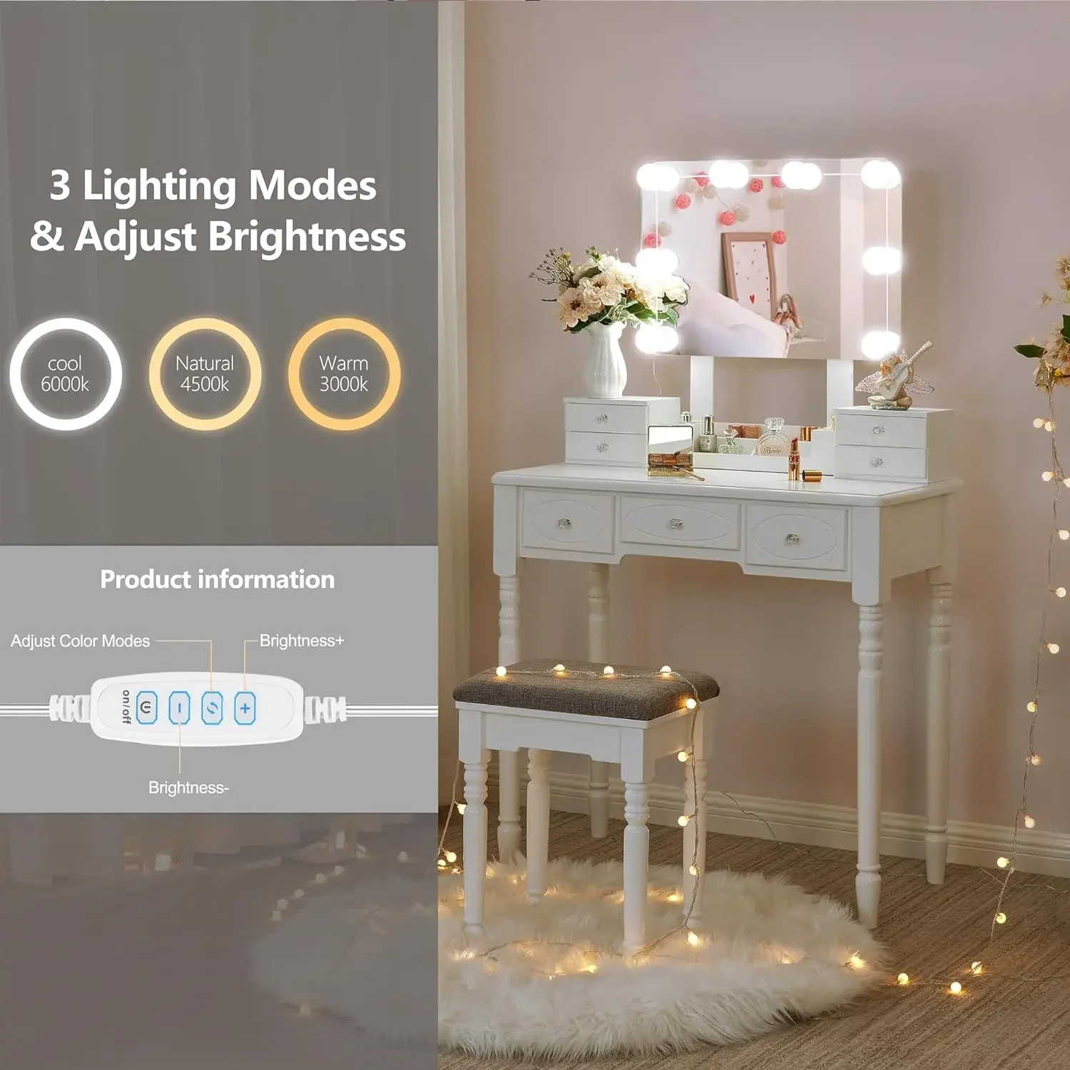 Makeup Vanity Desk Vanity Set with Lighted Mirror Makeup Vanity Desk Table Set Large 8 LED Bulbs and 3 Colors Lighting