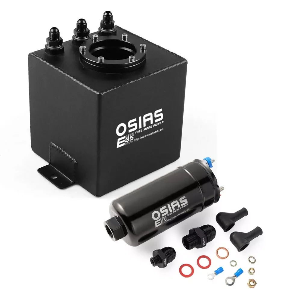 

044 External Fuel Pump + 2L Black Aluminum High Flow Swirl Fuel Surge Tank AN6
