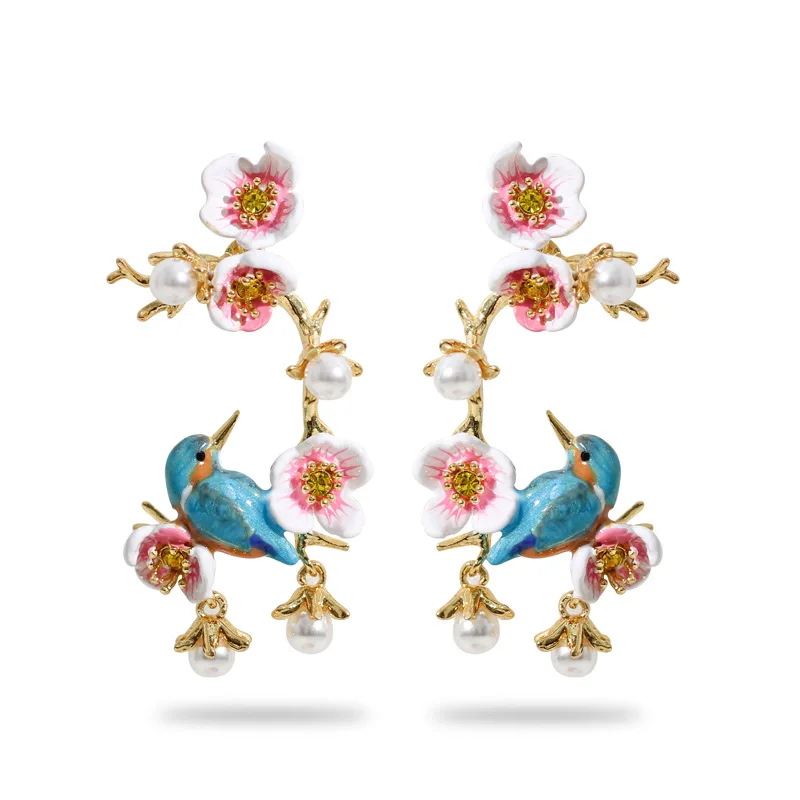 

Fashion Handpainted Drop Oil Blue Bird White Flower, Flower Vine Dangle Cute Kingfisher Pink Plum Stud Earrings, Ear Clip Women