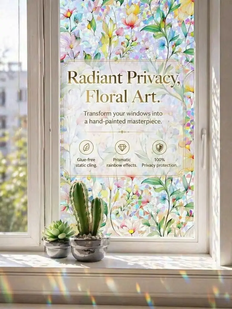 Painted Floral Rainbow Privacy Window Film Static Cling UV Block Heat Control for Bathroom Bedroom Home Office Glass Door