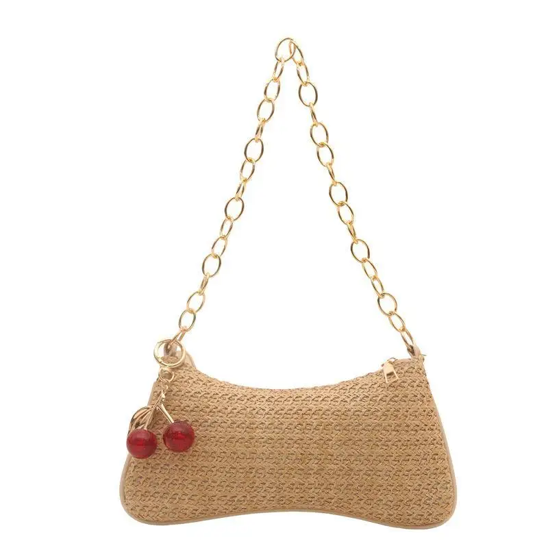 

Woven Straw Underarm Bag Cute Lace Bow Decor Gold Chain Strap Summer Beach Travel Daily Casual Commute Handbag