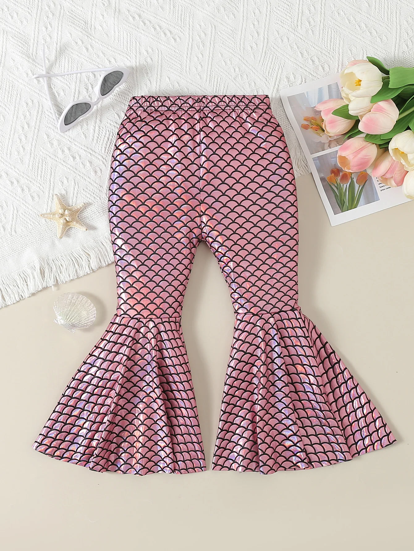 Autumn Spring Baby Girls Pants Cute Mermaid Fish Scale Print Fashion Flared Pants Leather Pants Baby Clothes