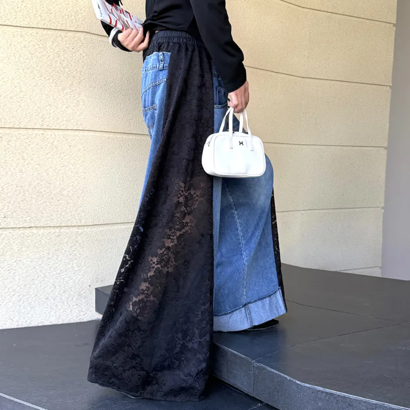 HKSH Women Trend Jeans Denim Patchwork Lace Color Block Elastic Waisted Elegant Vintage Wide Leg Pants New Spring Summer HK20136