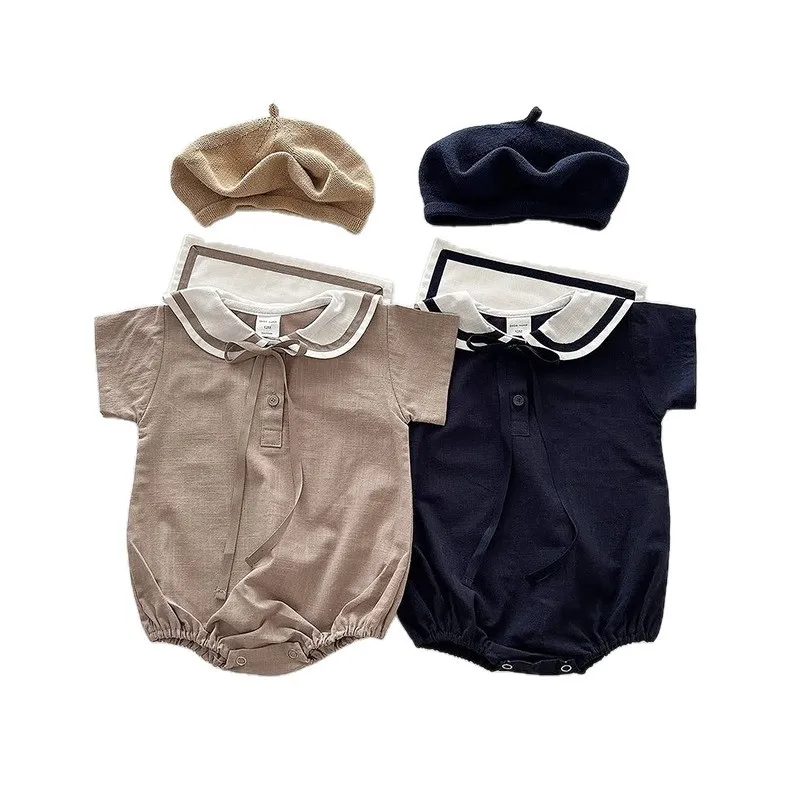2026 Summer New Baby Short Sleeve Bodysuit Cotton Infant Girl Preppy Style Sailor Collar Jumpsuit Solid Newborn Clothes 0-24M