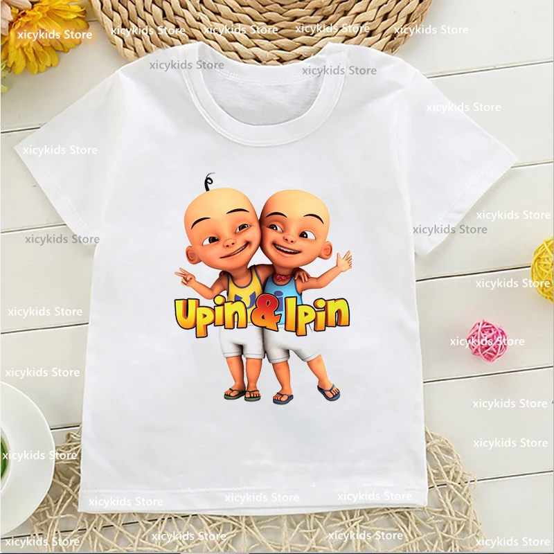 T-Shirt For Boys Funny Upin Ipin Cartoon Animation Children'S Clothing Tshirt Fashion Casual O-Neck Boys' Dress White Shirt Tops