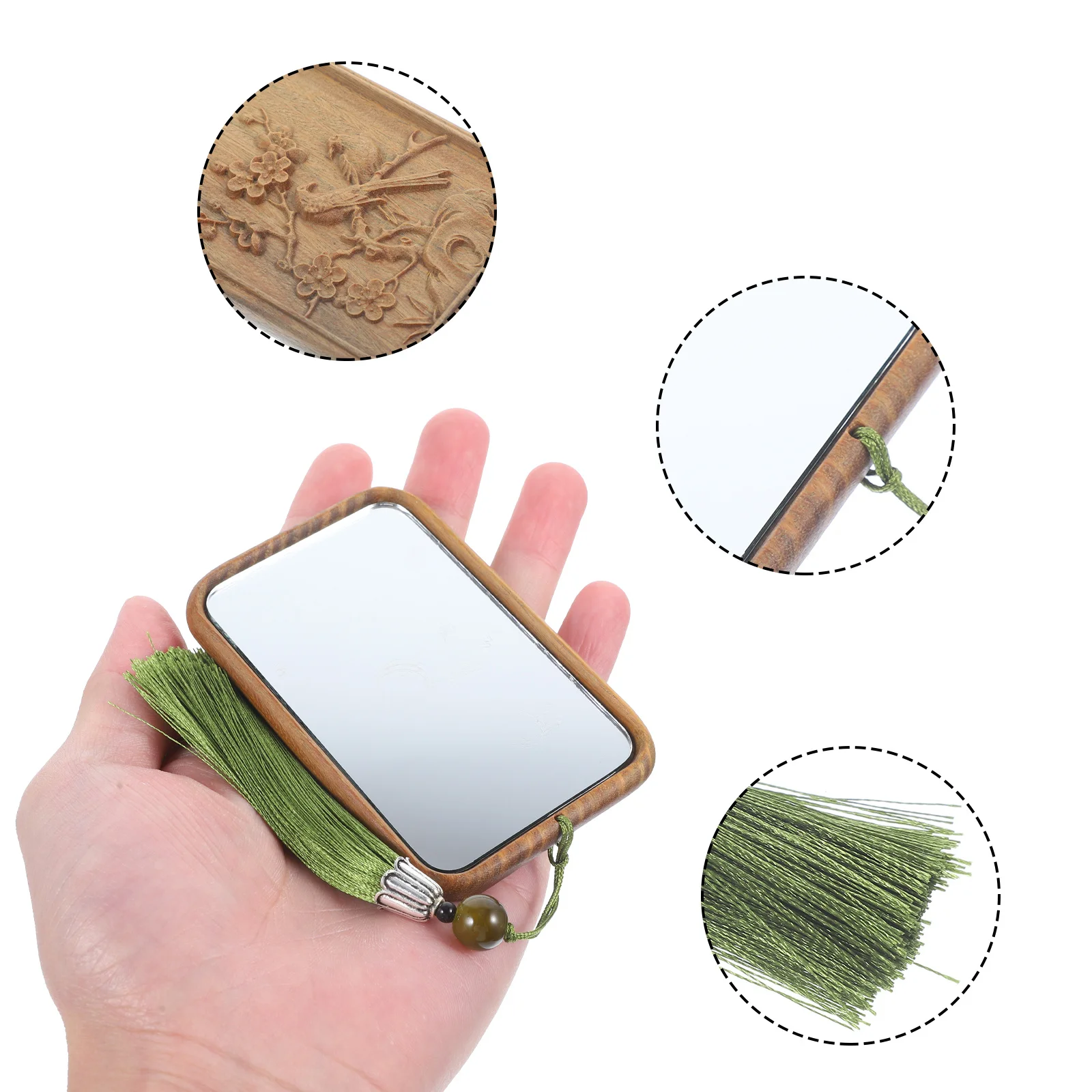 휴대용 나무 포켓 메이크업 미러 소형 컴팩트 미니 핸드헬드 각인 패턴 거울 여행 및 일상용