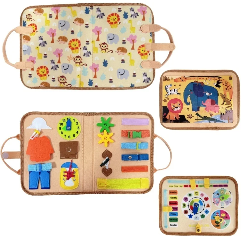 Jungle Wild Animal Felt Quiet Busy Board for Toddlers, Zip Buckle Dressing Fine Motor Toy, Clock Week Weather Safari Animal Puzzle Matching Portable Travel Sensory Educational Gift for Little Kids