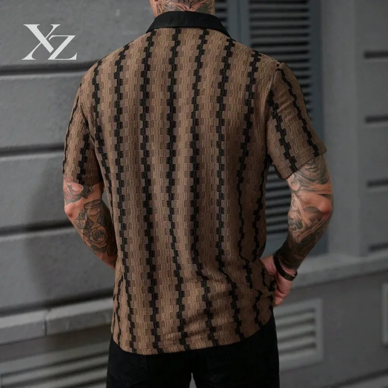 Opening Sale |Men's Retro Jacquard Striped Short Sleeve Shirt, Casual Button Down Cuban Collar Summer Top