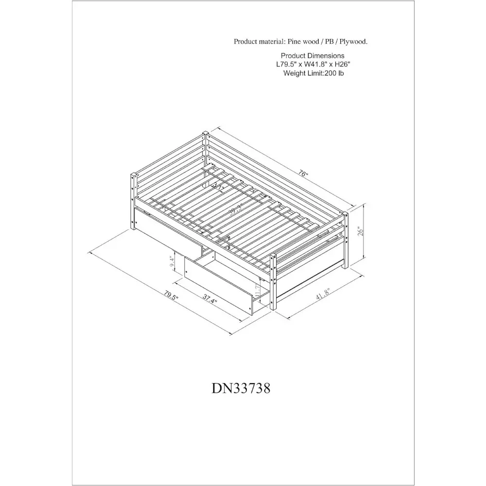 Twin Ligbed Met 2 Opbergladen, Houten Twin Size Ligbed Frame, Dual-Use Ligbed Sofa Kids Bed, Kinderkamer