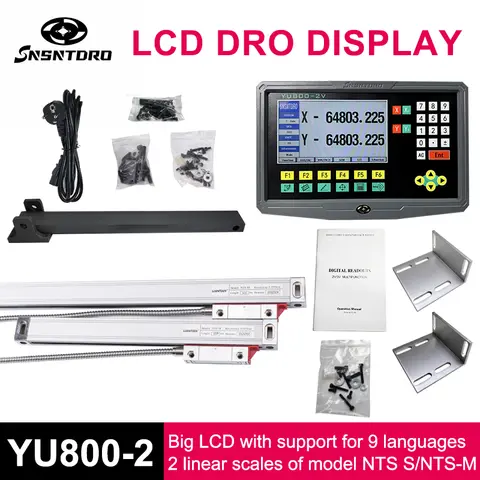 YU800-2 2 Axis LCD DRO Digital Readout Display 19 Language AC90-260V And 2 Pieces 50-1000mm Linear Scale Encoder Grating Ruler